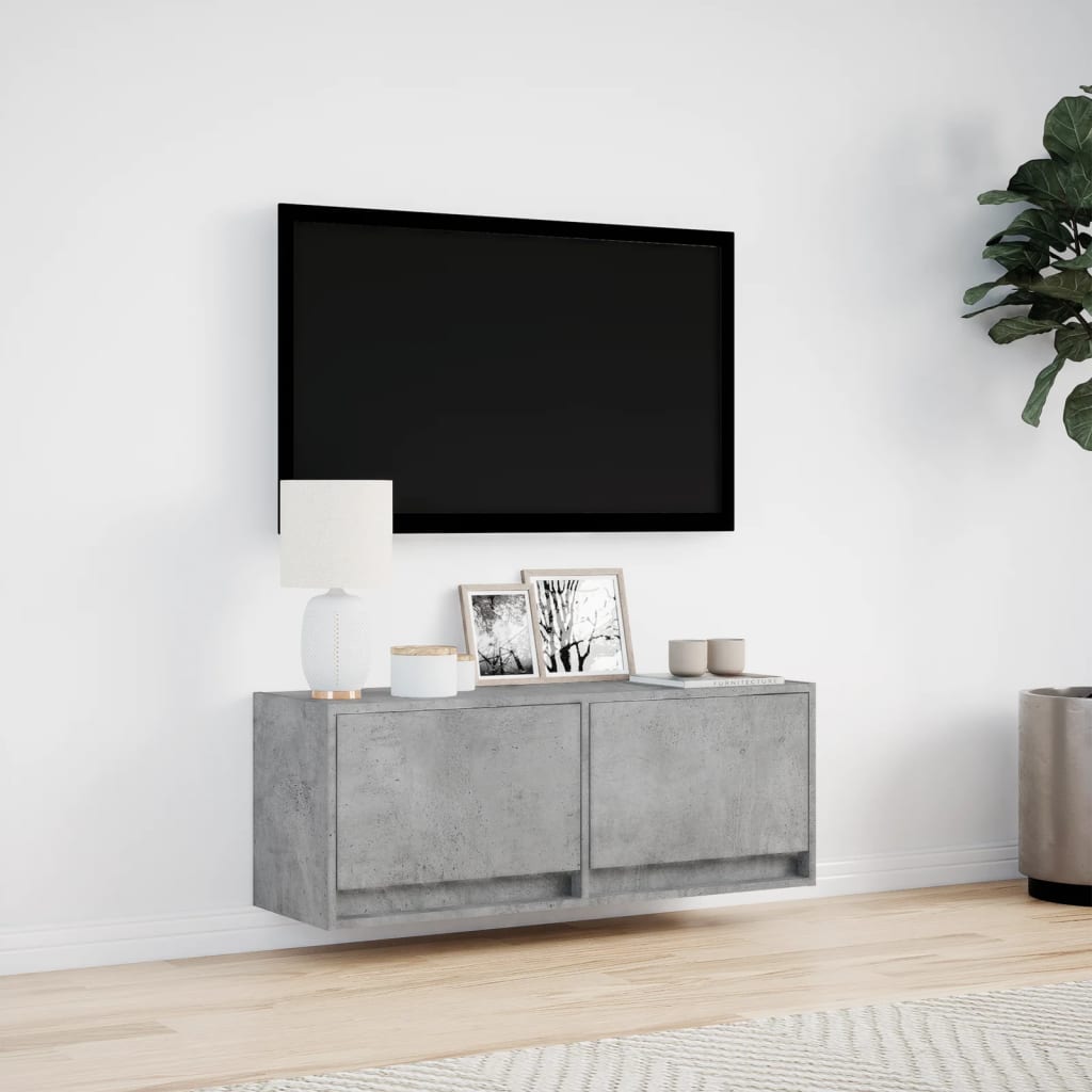 TV Wall Cabinet with LED Lights Concrete Grey 100x31x38 cm