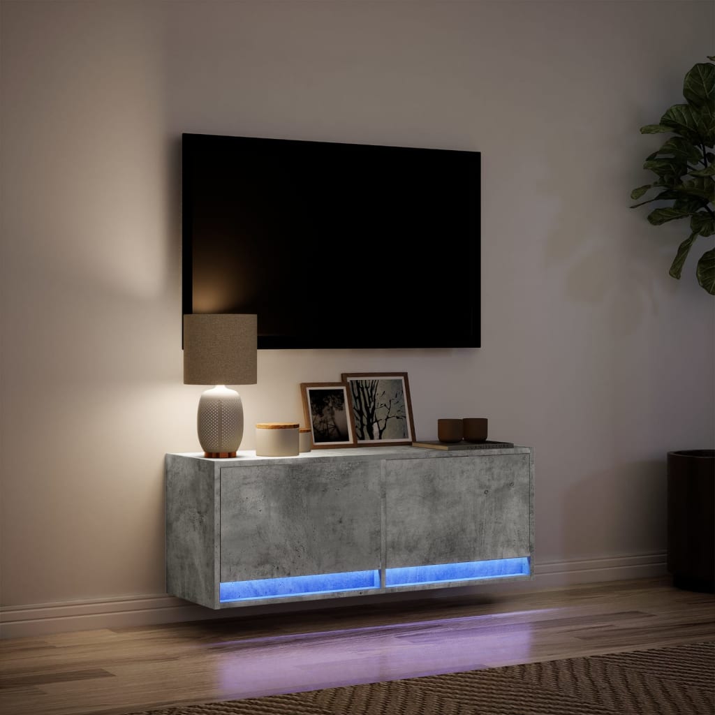 TV Wall Cabinet with LED Lights Concrete Grey 100x31x38 cm