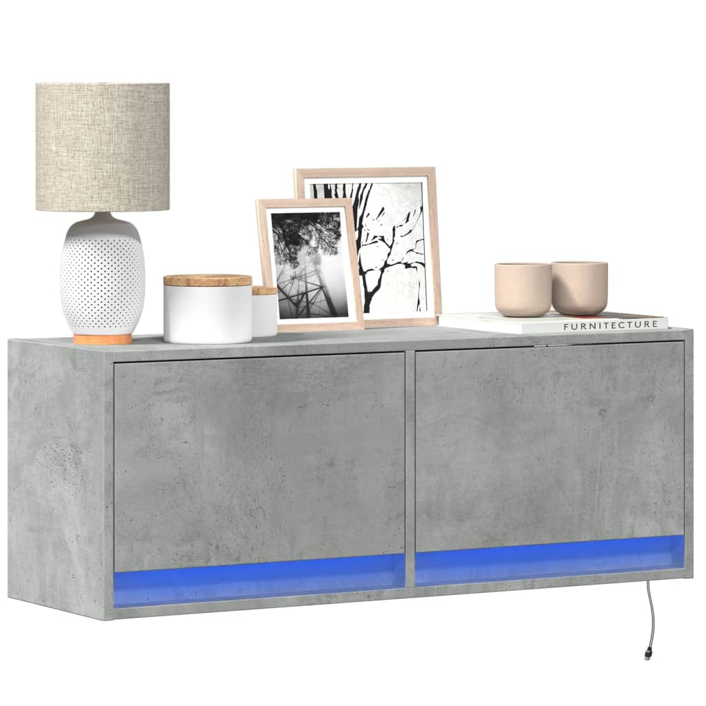 TV Wall Cabinet with LED Lights Concrete Grey 100x31x38 cm