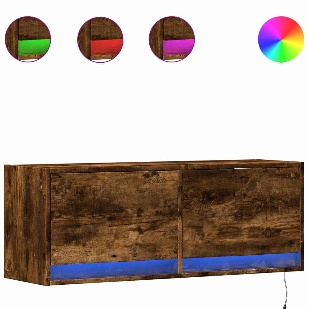 TV Wall Cabinet with LED Lights Smoked Oak 100x31x38 cm