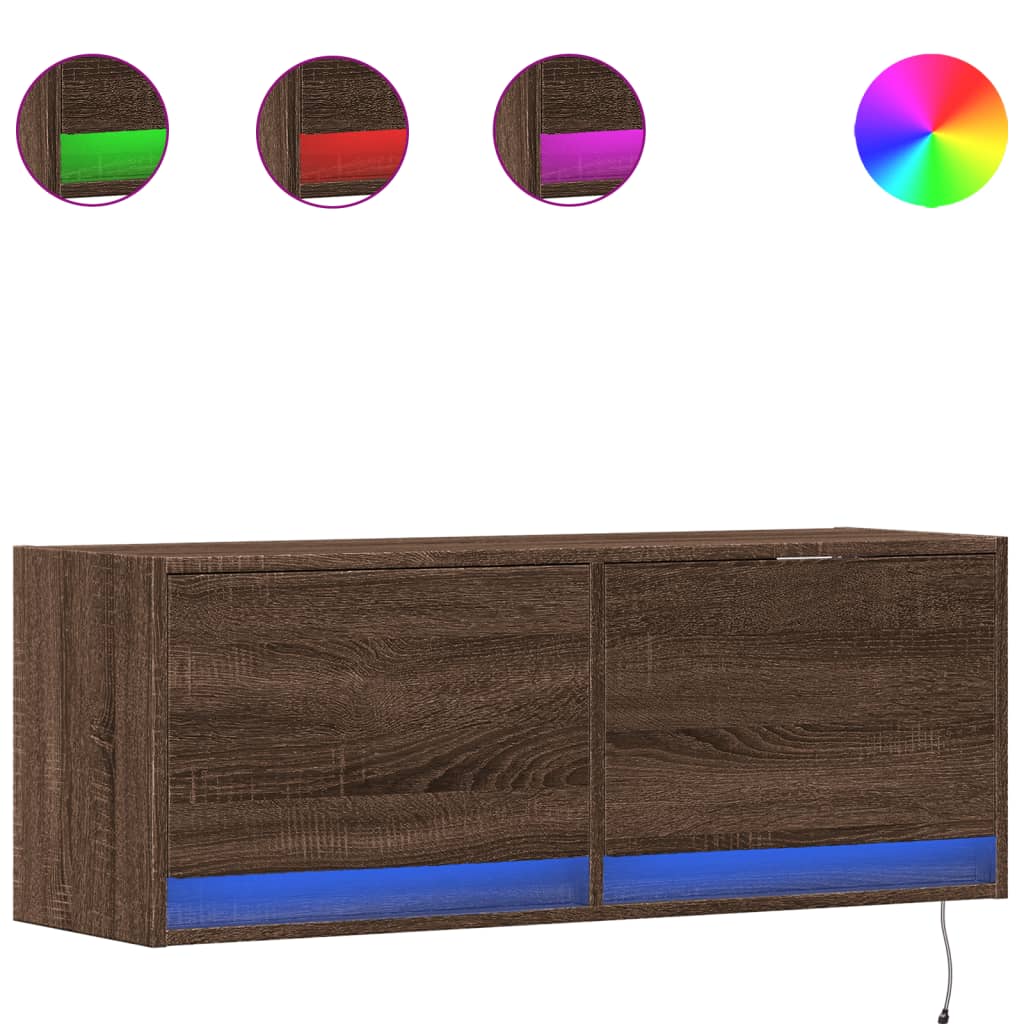 TV Wall Cabinet with LED Lights Brown Oak 100x31x38 cm
