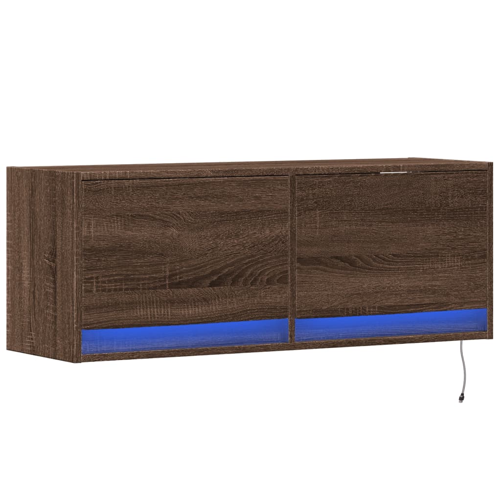 TV Wall Cabinet with LED Lights Brown Oak 100x31x38 cm