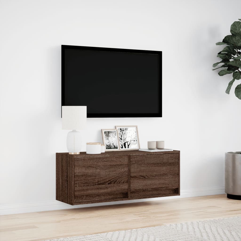 TV Wall Cabinet with LED Lights Brown Oak 100x31x38 cm