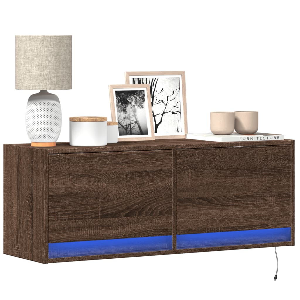 TV Wall Cabinet with LED Lights Brown Oak 100x31x38 cm