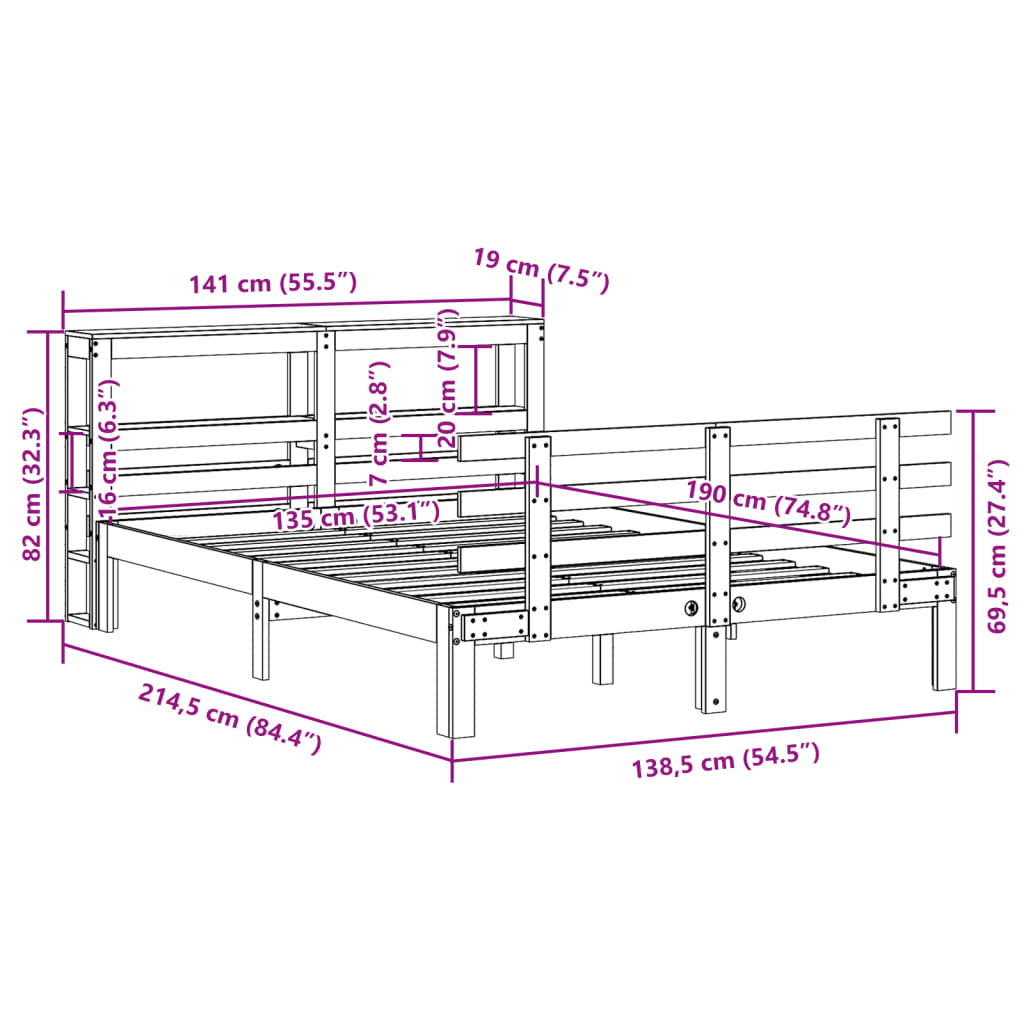 vidaXL Bed Frame with Headboard without Mattress White 135x190 cm Double