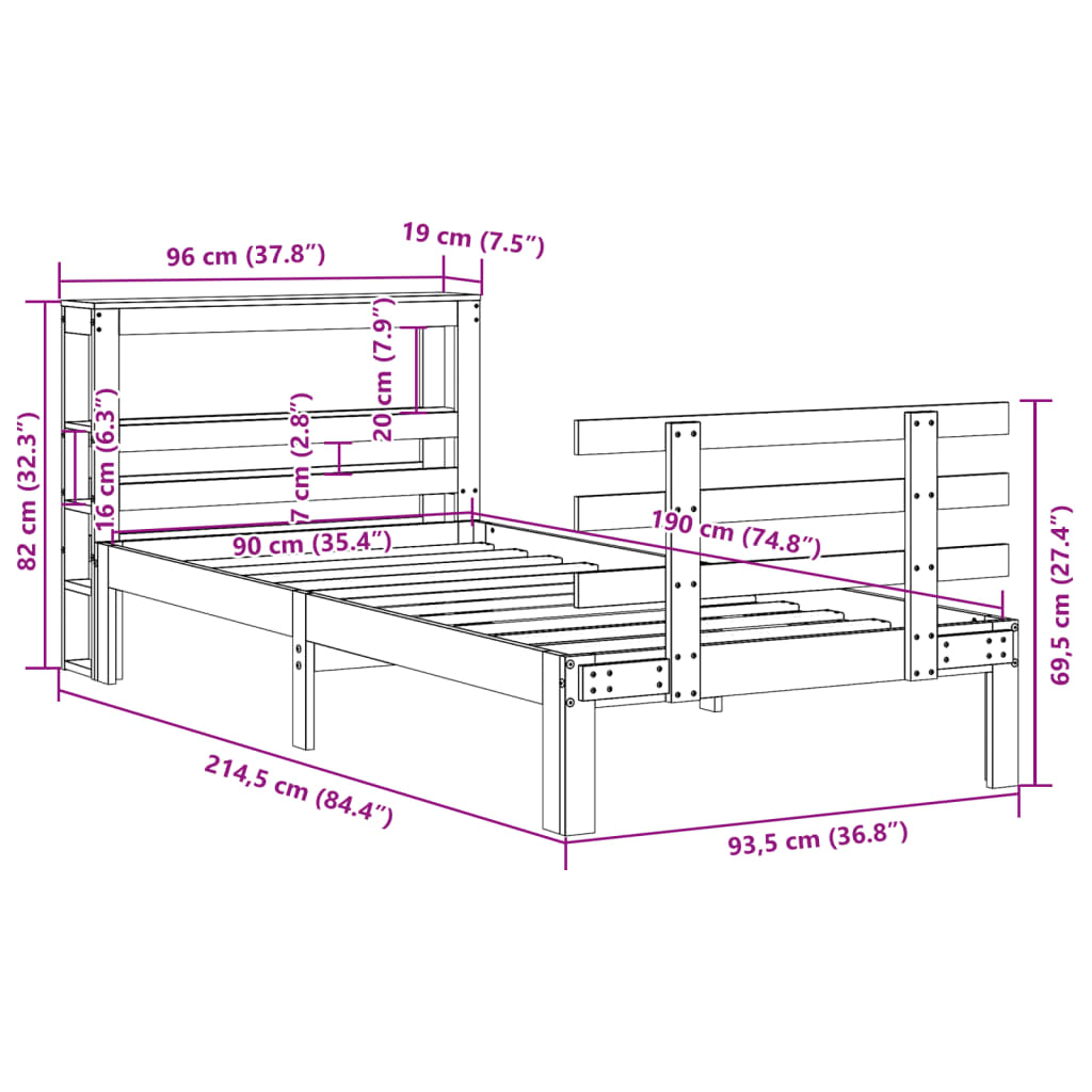 vidaXL Bed Frame with Headboard without Mattress Wax Brown 90x190 cm Single