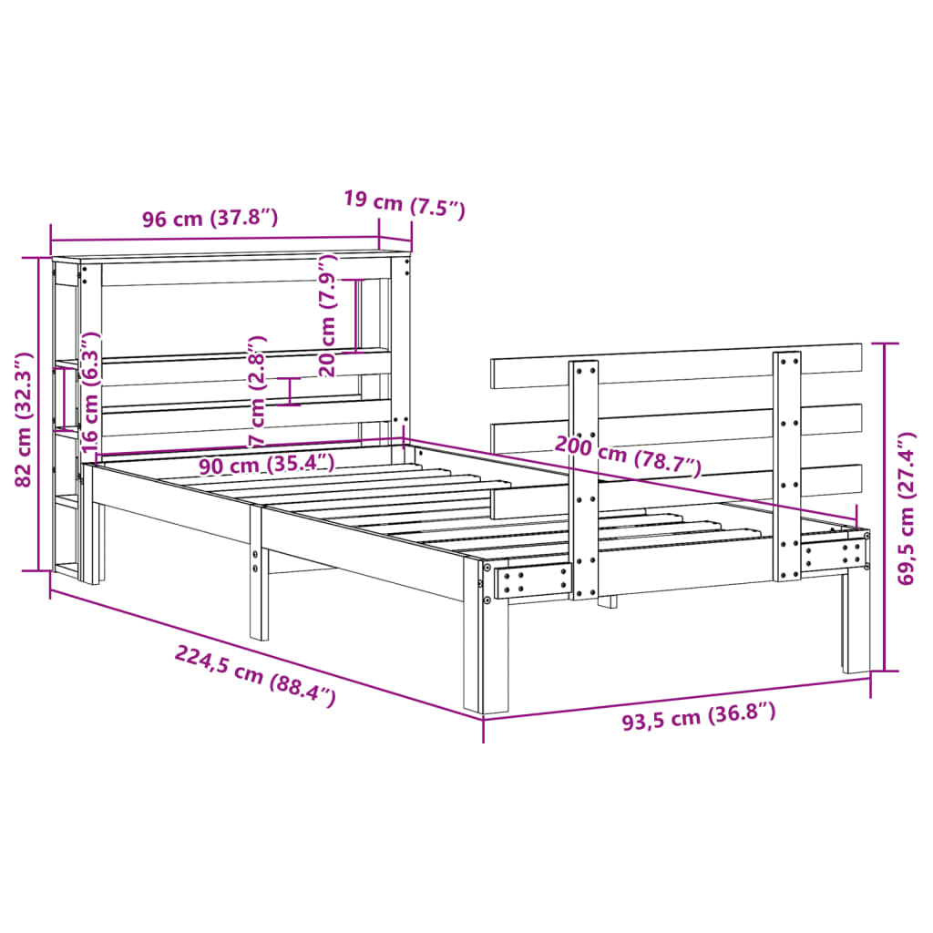 vidaXL Bed Frame with Headboard without Mattress Wax Brown 90x200 cm