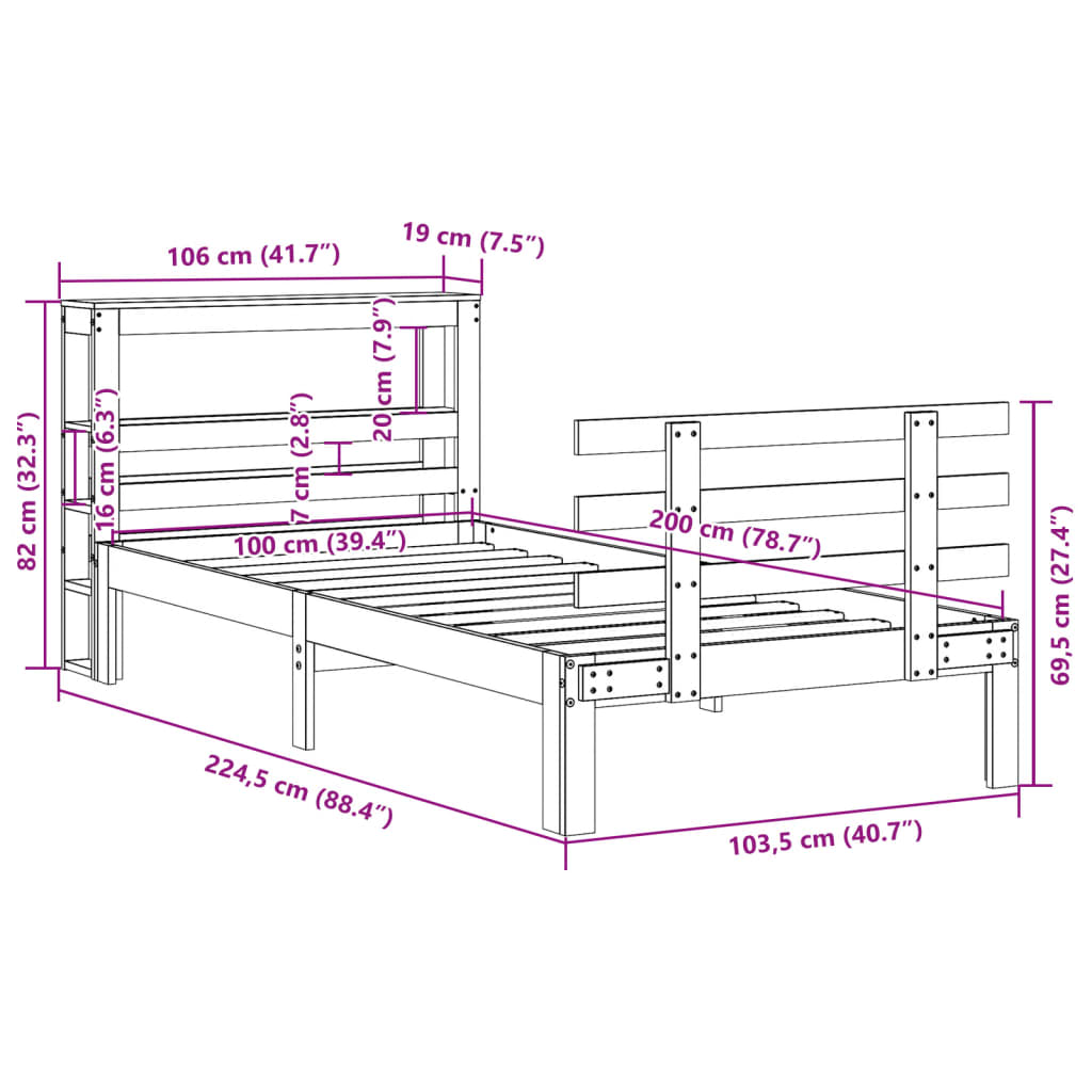 vidaXL Bed Frame with Headboard without Mattress Wax Brown 100x200 cm