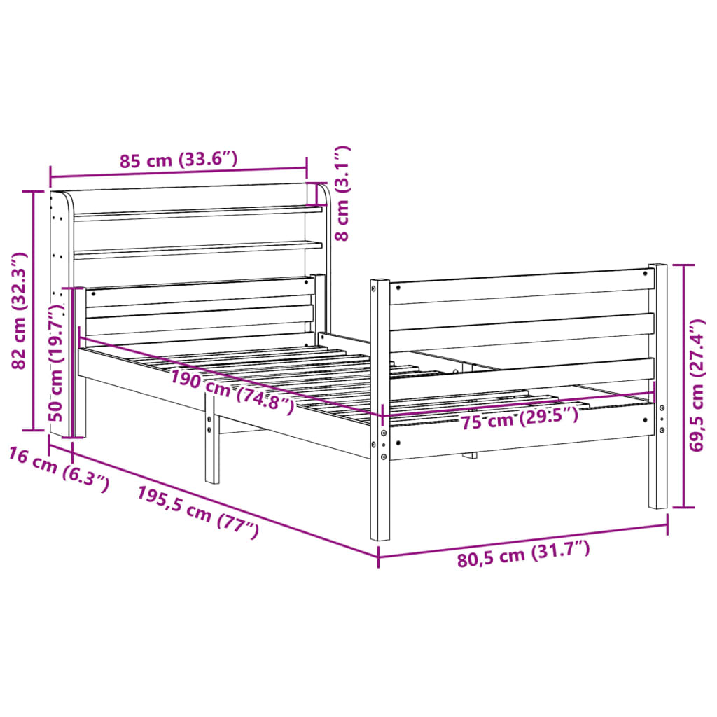 vidaXL Bed Frame with Headboard without Mattress 75x190 cm Small Single