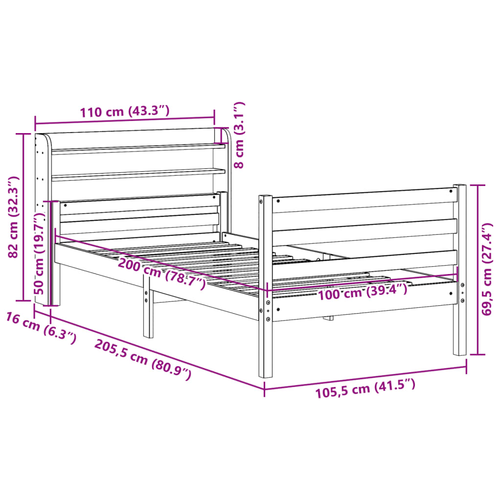 vidaXL Bed Frame with Headboard without Mattress 100x200 cm