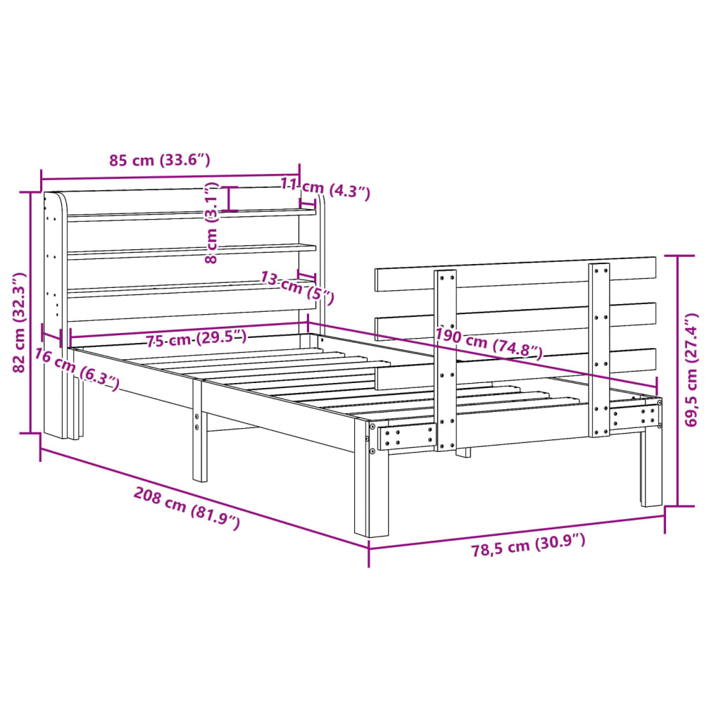 vidaXL Bed Frame with Headboard without Mattress White 75x190 cm Small Single