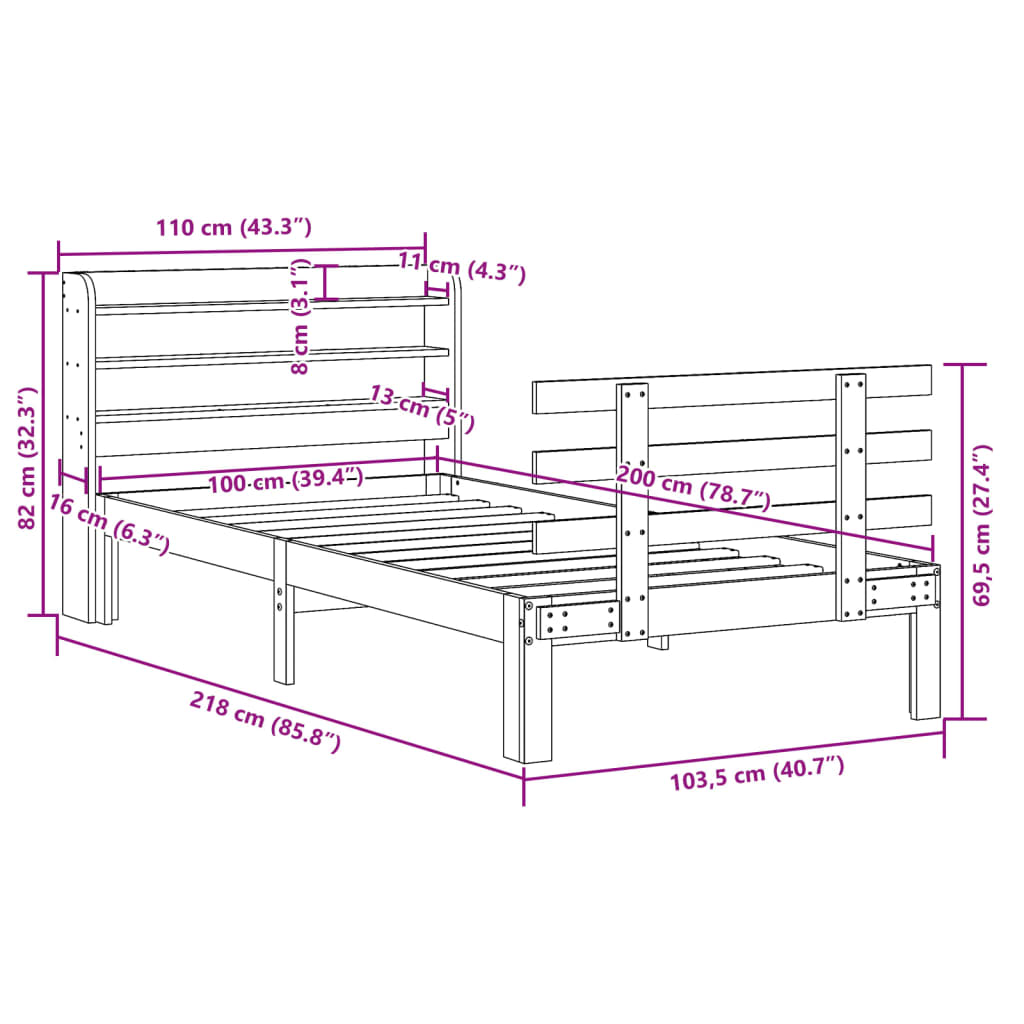 vidaXL Bed Frame with Headboard without Mattress 100x200 cm