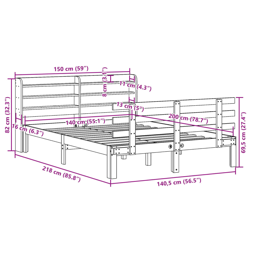 vidaXL Bed Frame with Headboard without Mattress Wax Brown 140x200 cm