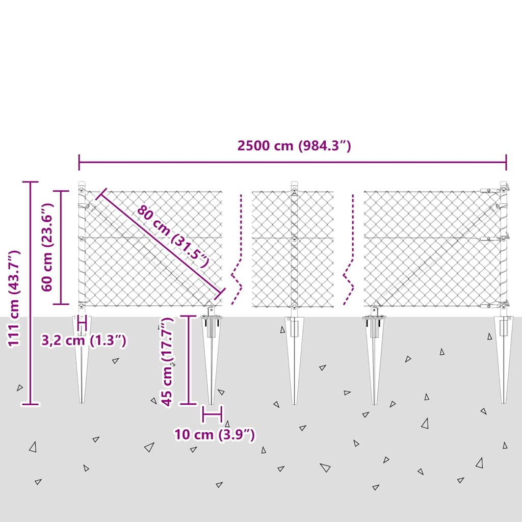 Outdoor Chainlink Fence with Spikes 25 x 0.6 m Galvanised Steel