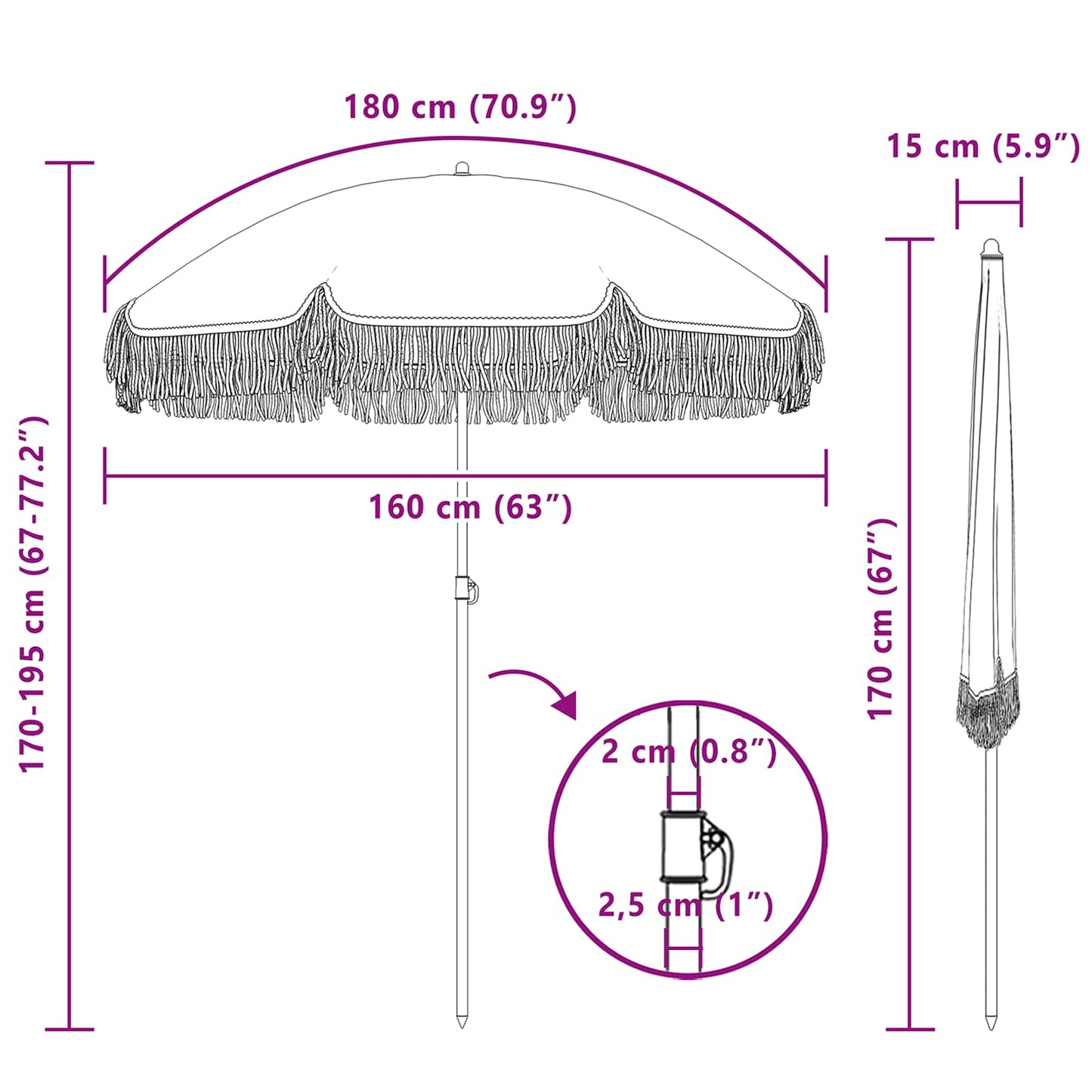 Beach Parasol Grey and White 160 x 160 x 196 cm