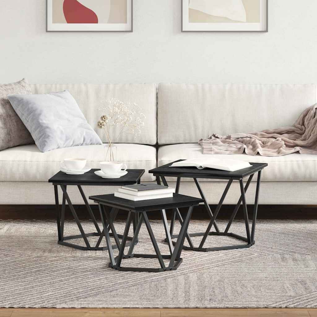 Coffee Table 3 pcs Black Oak Engineered Wood and Steel