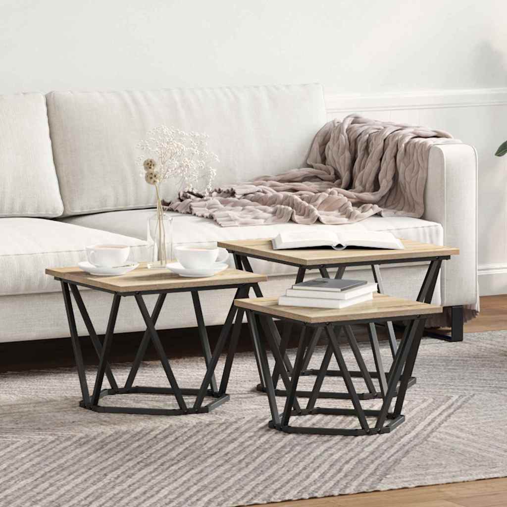 Coffee Table 3 pcs Sonoma Oak Engineered Wood and Steel