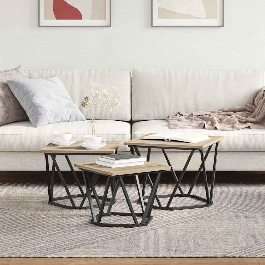 Coffee Table 3 pcs Sonoma Oak Engineered Wood and Steel