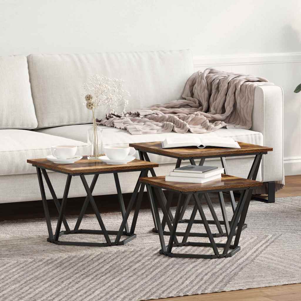 Coffee Table 3 pcs Smoked Oak Engineered Wood and Steel