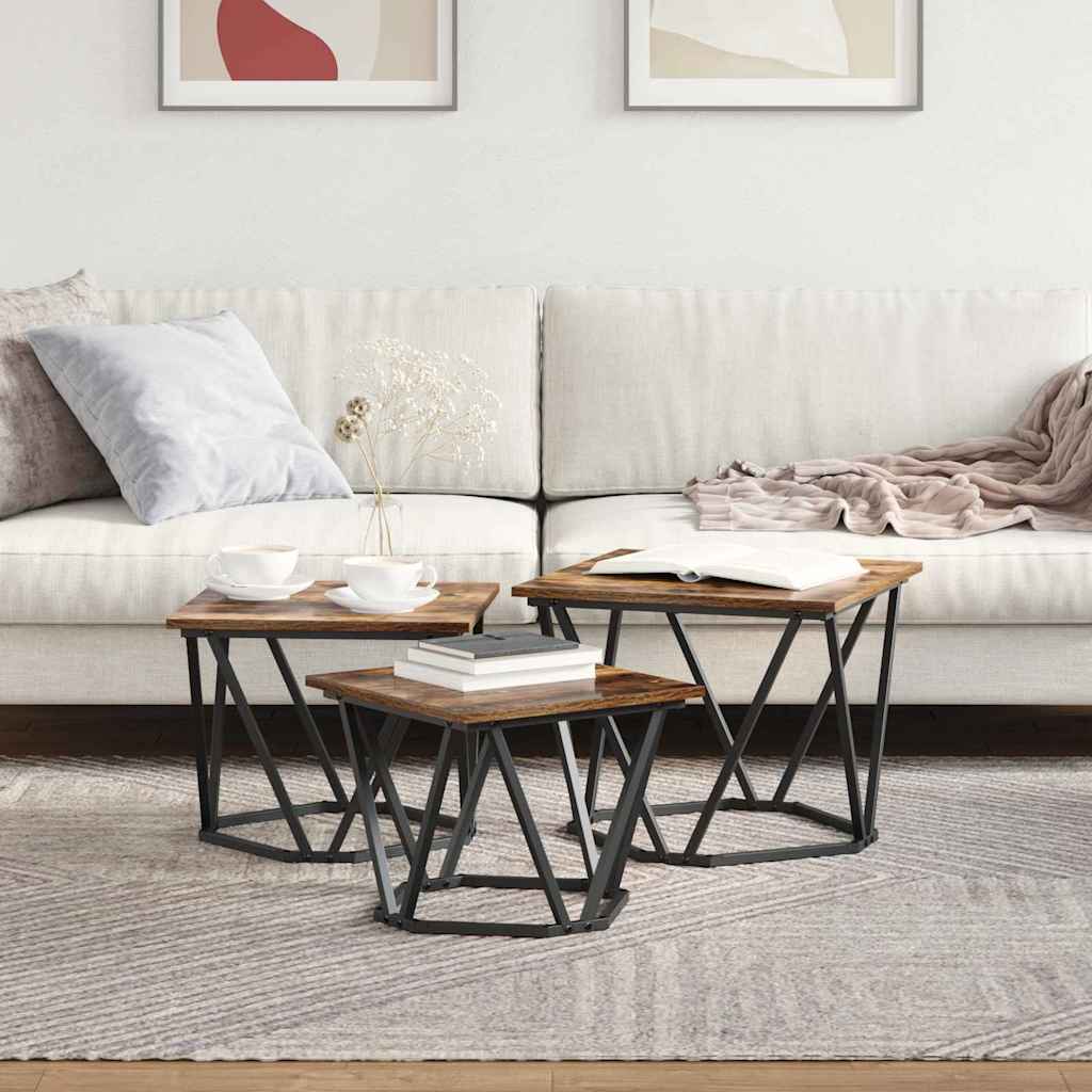 Coffee Table 3 pcs Smoked Oak Engineered Wood and Steel