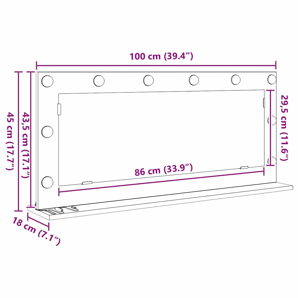 Vanity Mirror Rectangular Black Oak 100 x 45 x 18 cm