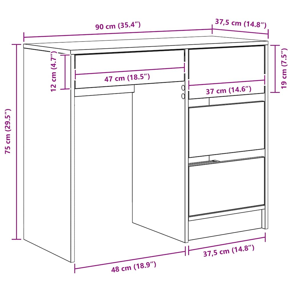 vidaXL Desk with Drawer Black oak 90 x 37.5 x 75 cm Engineered Wood