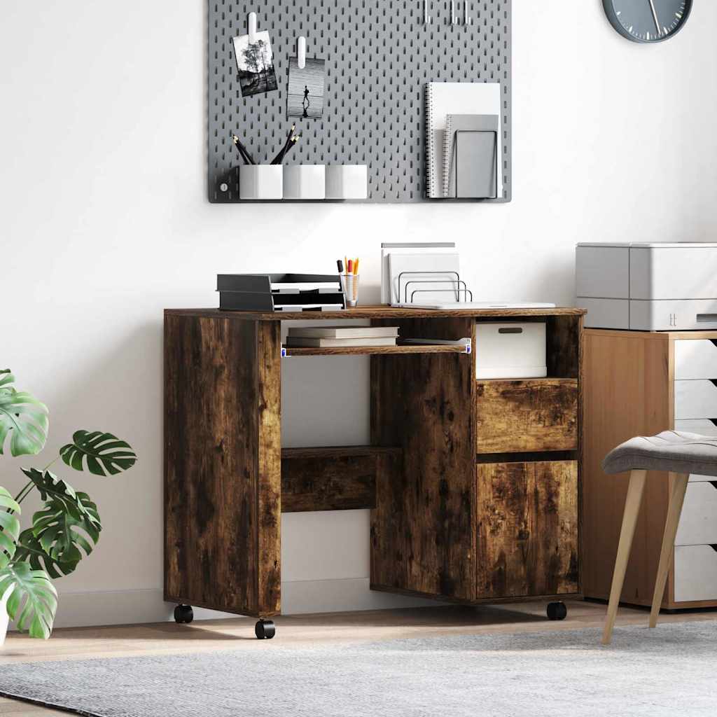 Desk with Wheels Smoked Oak Engineered Wood 91 x 50 x 77 cm