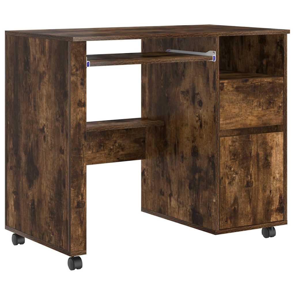 Desk with Wheels Smoked Oak Engineered Wood 91 x 50 x 77 cm