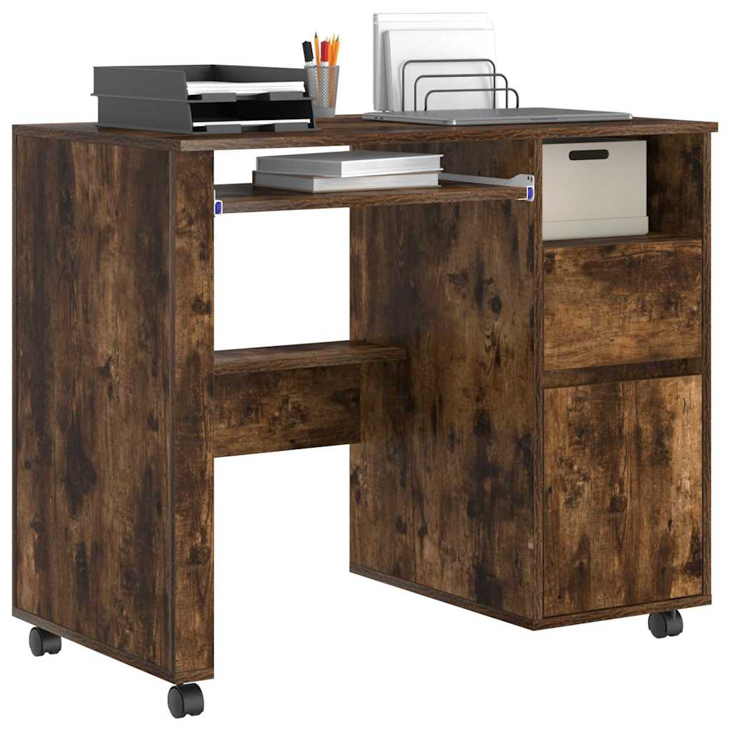 Desk with Wheels Smoked Oak Engineered Wood 91 x 50 x 77 cm