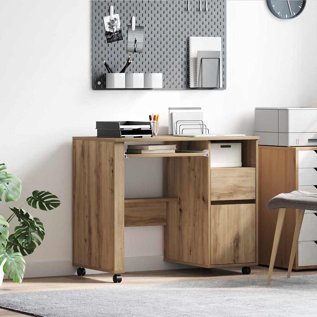 Desk with Wheels Artisan Oak Engineered Wood 91 x 50 x 77 cm