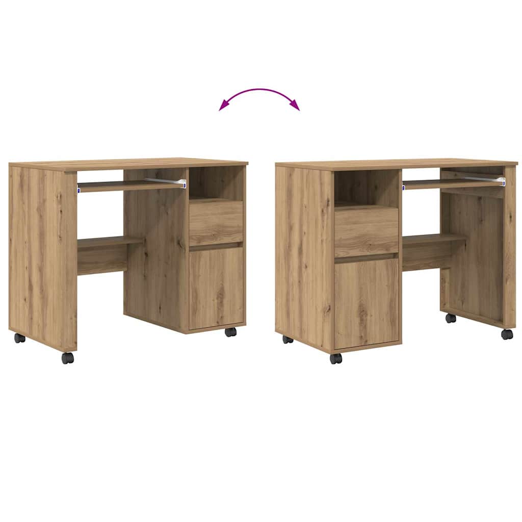 Desk with Wheels Artisan Oak Engineered Wood 91 x 50 x 77 cm