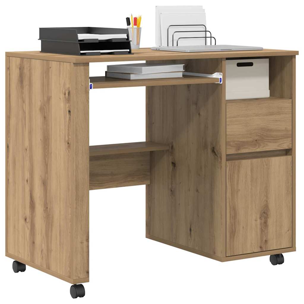 Desk with Wheels Artisan Oak Engineered Wood 91 x 50 x 77 cm