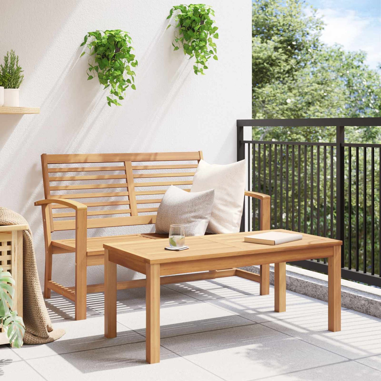 Garden Bench and Table Set 2 Piece Brown Solid Teak Wood