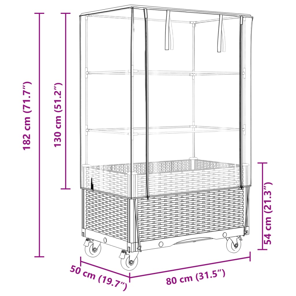 vidaXL Raised Bed with Cover and Wheels Rattan Look 80x50x182 cm