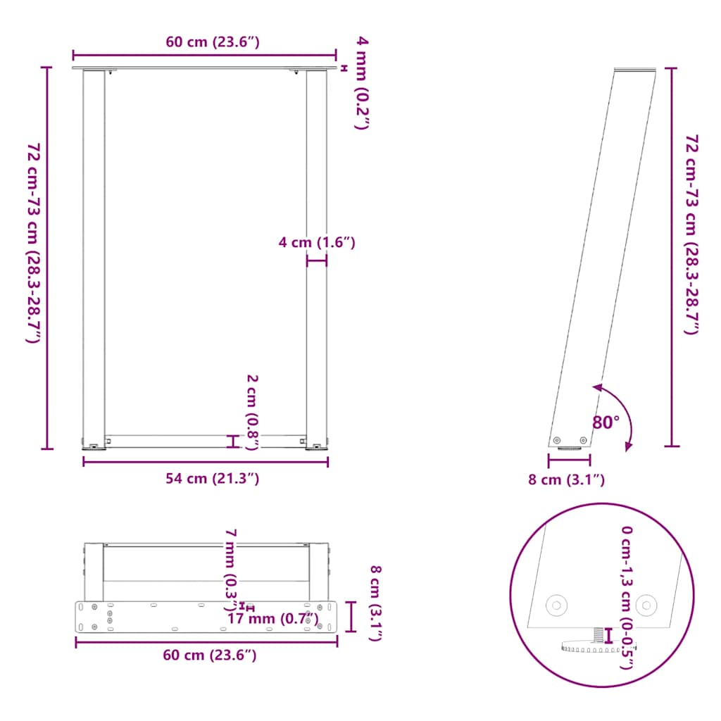 vidXL Dining Table Legs U-Shaped 2 pcs White 60x(72-73) cm Steel