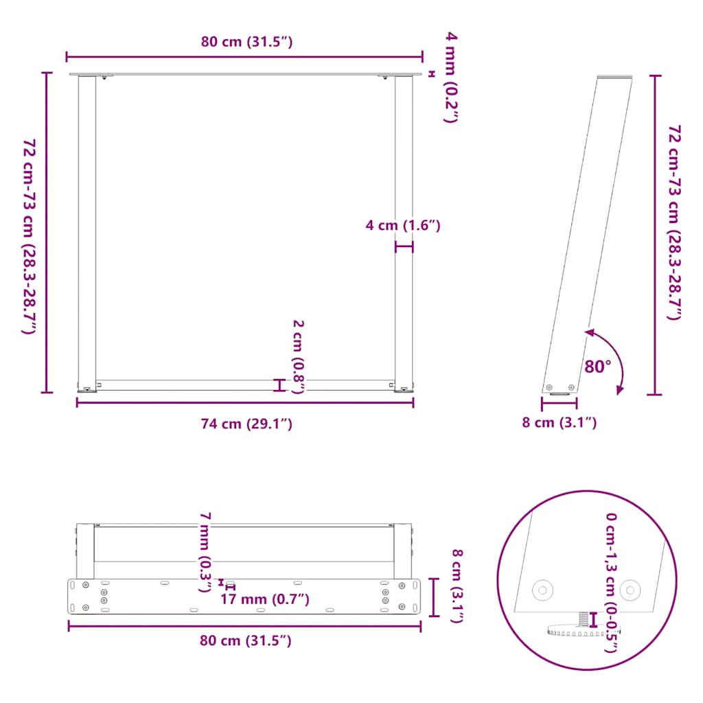 vidXL Dining Table Legs U-Shaped 2 pcs White 80x(72-73) cm Steel