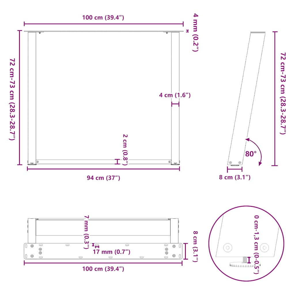 vidXL Dining Table Legs U-Shaped 2 pcs Black 100x(72-73) cm Steel