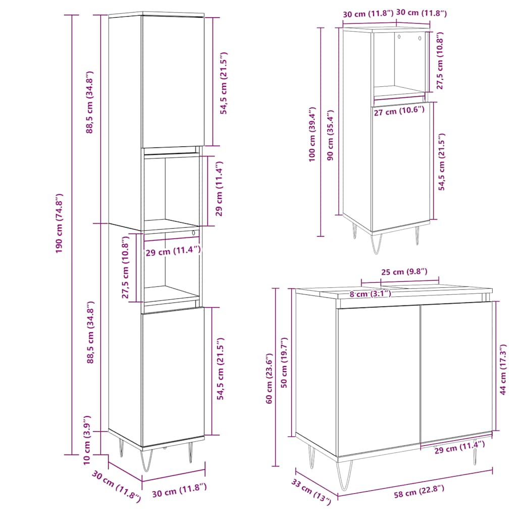 3 Piece Bathroom Furniture Set Sonoma Oak Engineered Wood