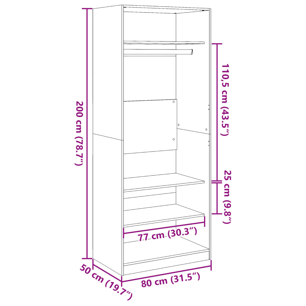 vidaXL Wardrobe Black 80x50x200 cm Engineered Wood