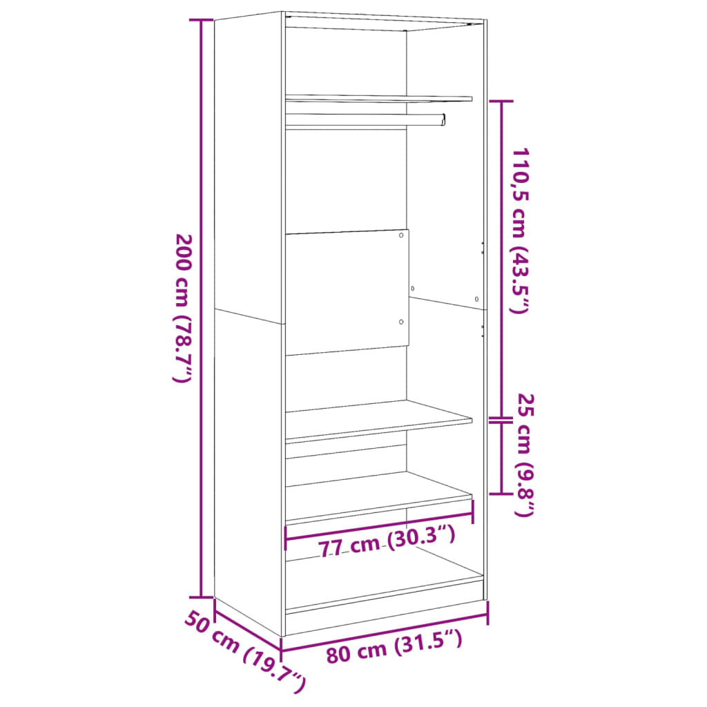 vidaXL Wardrobe Grey Sonoma 80x50x200 cm Engineered Wood