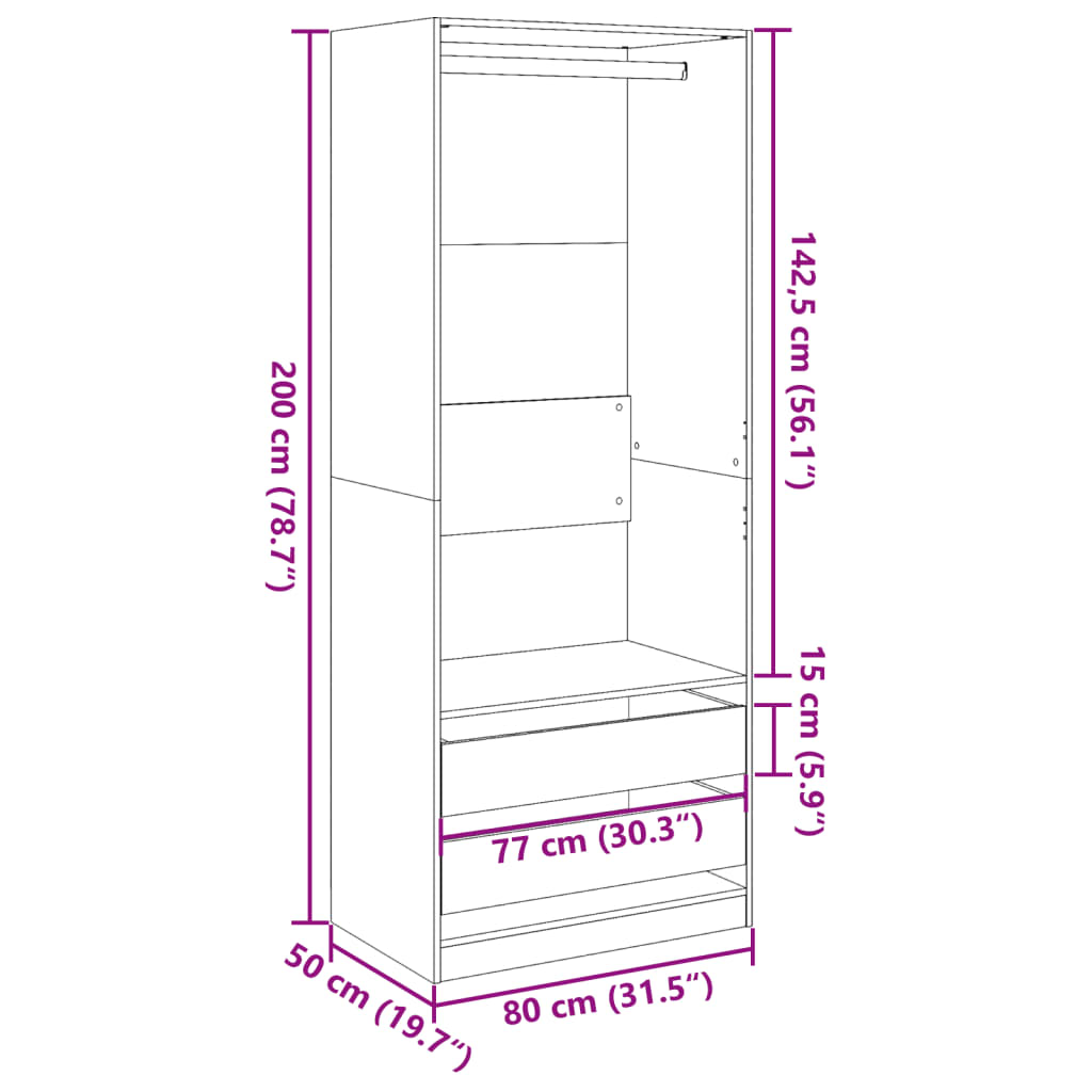 vidaXL Wardrobe White 80x50x200 cm Engineered Wood