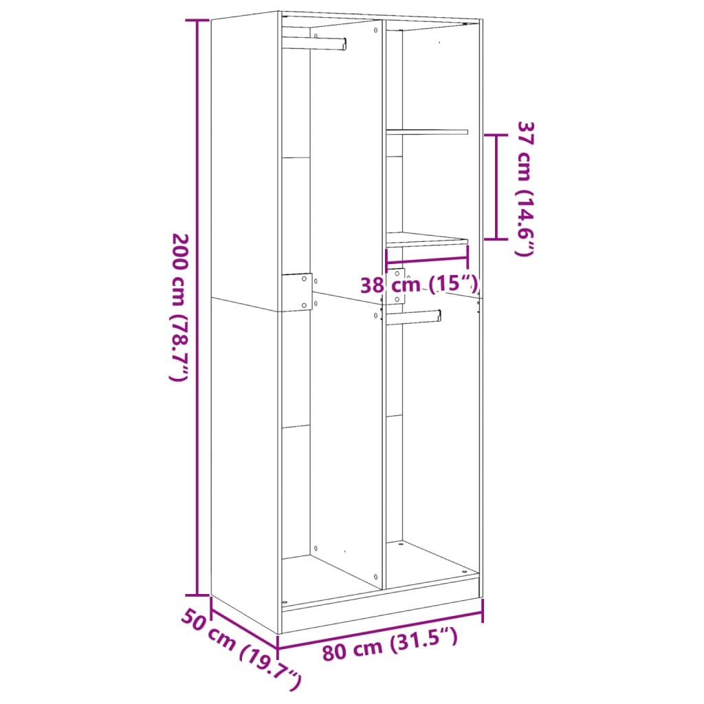 vidaXL Wardrobe Black 80x50x200 cm Engineered Wood