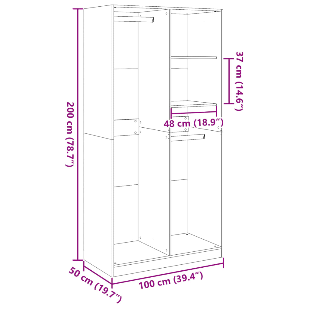 vidaXL Wardrobe Black 100x50x200 cm Engineered Wood