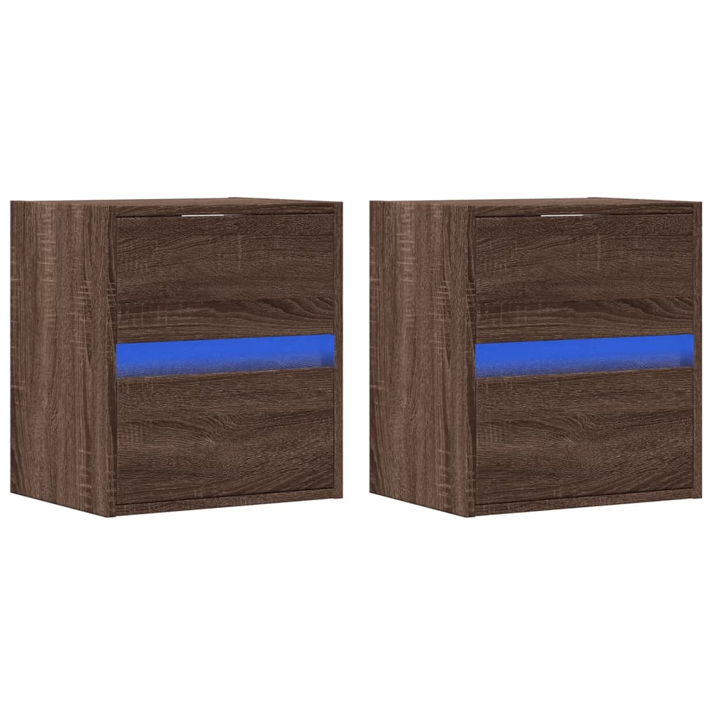 vidaXL Wall-mounted Bedside Cabinets with LED Lights 2 pcs Brown Oak