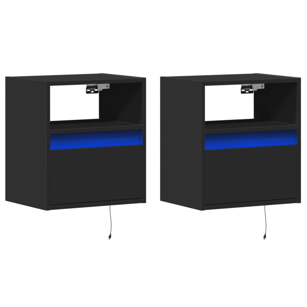 vidaXL Wall-mounted Bedside Cabinets with LED Lights 2 pcs Black