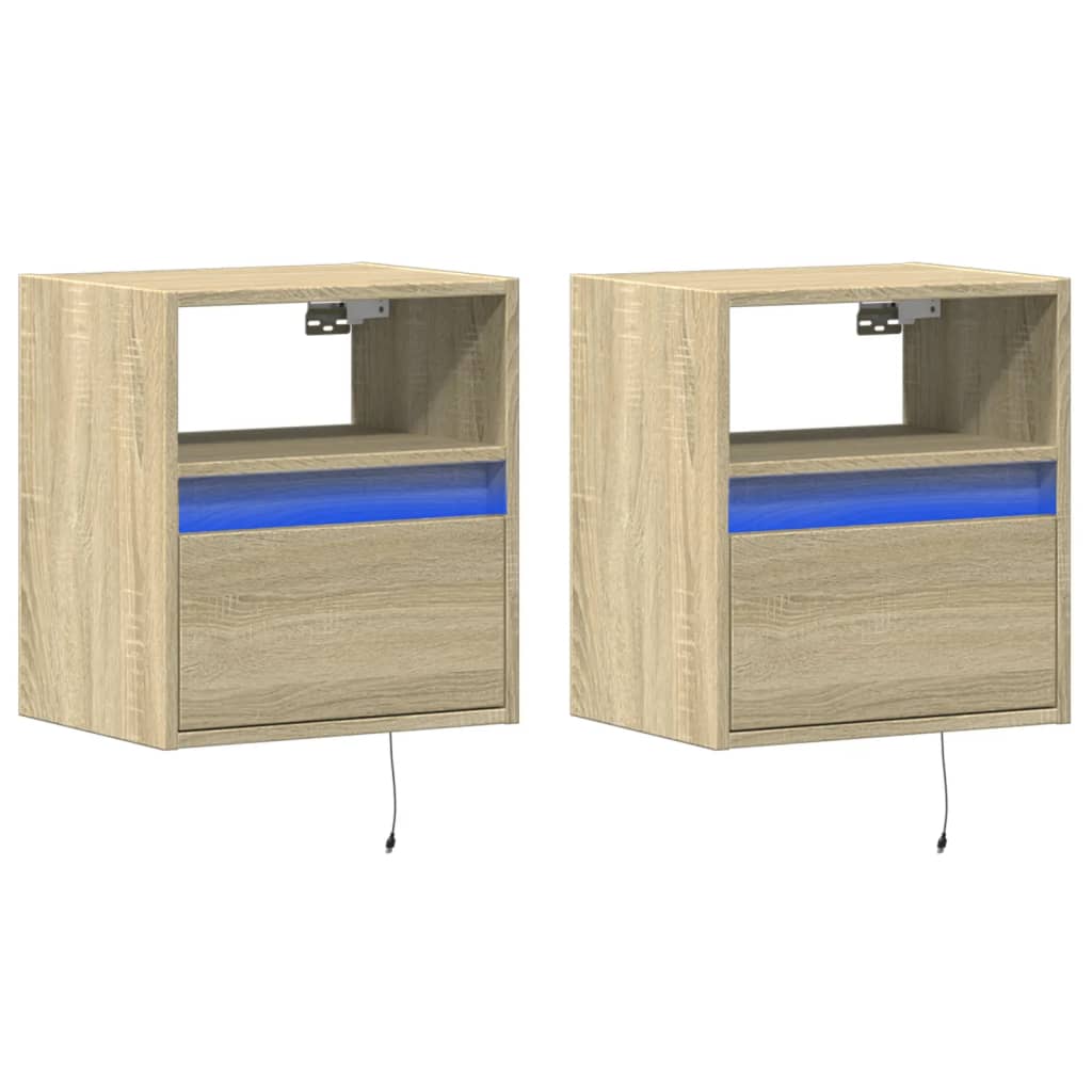 vidaXL Wall-mounted Bedside Cabinets with LED Lights 2 pcs Sonoma Oak