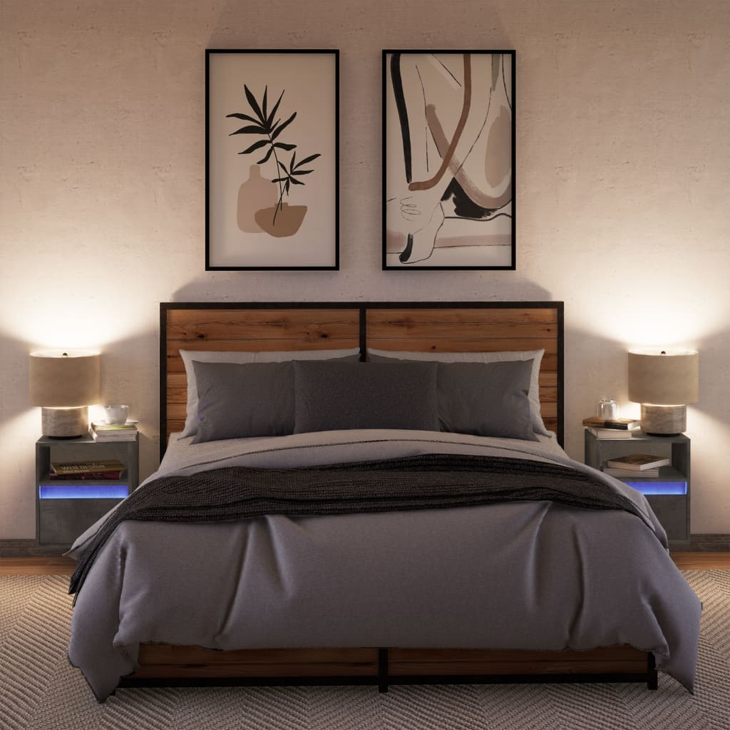 Wall-mounted Bedside Cabinets with LED 2 pcs Concrete Grey
