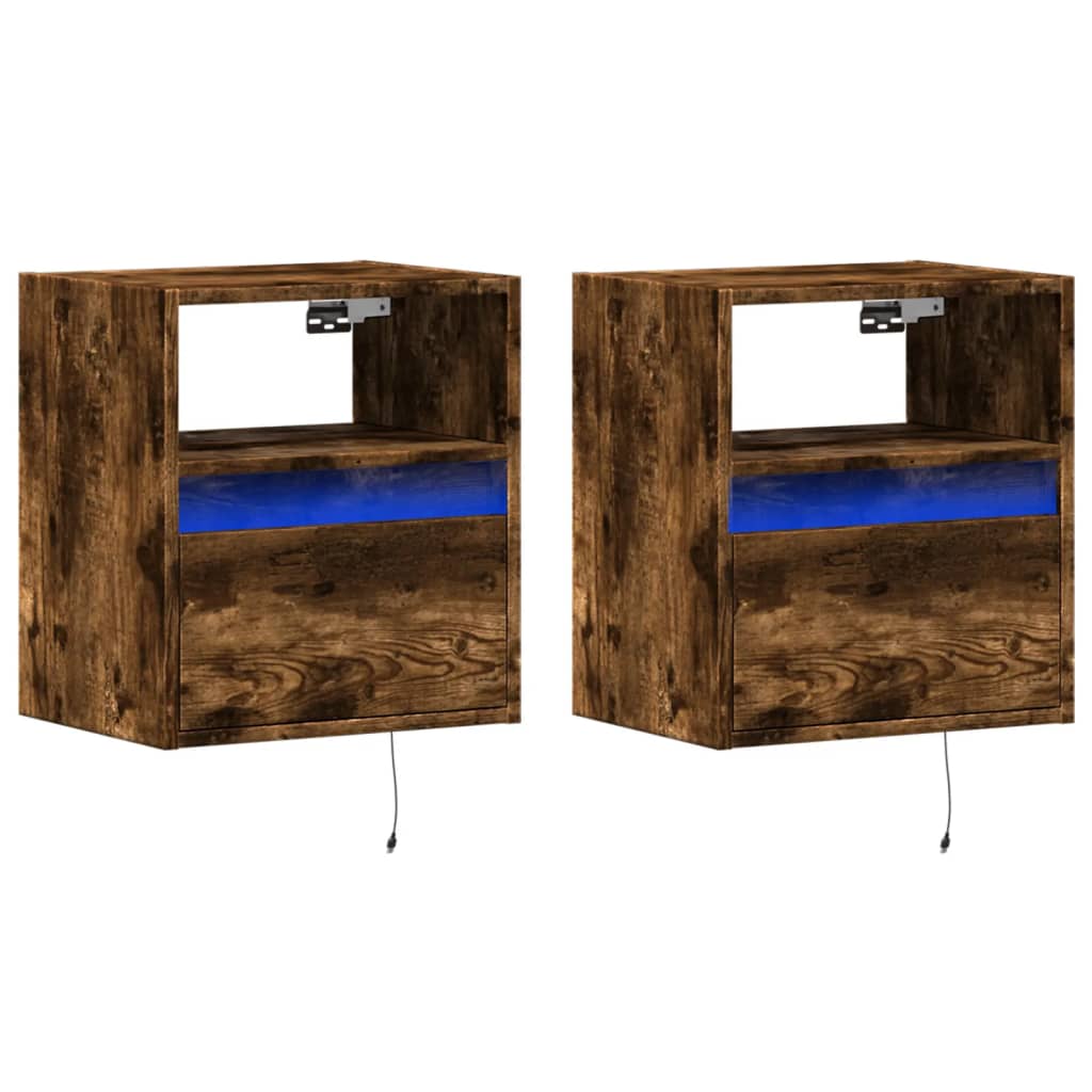 vidaXL Wall-mounted Bedside Cabinets with LED Lights 2 pcs Smoked Oak