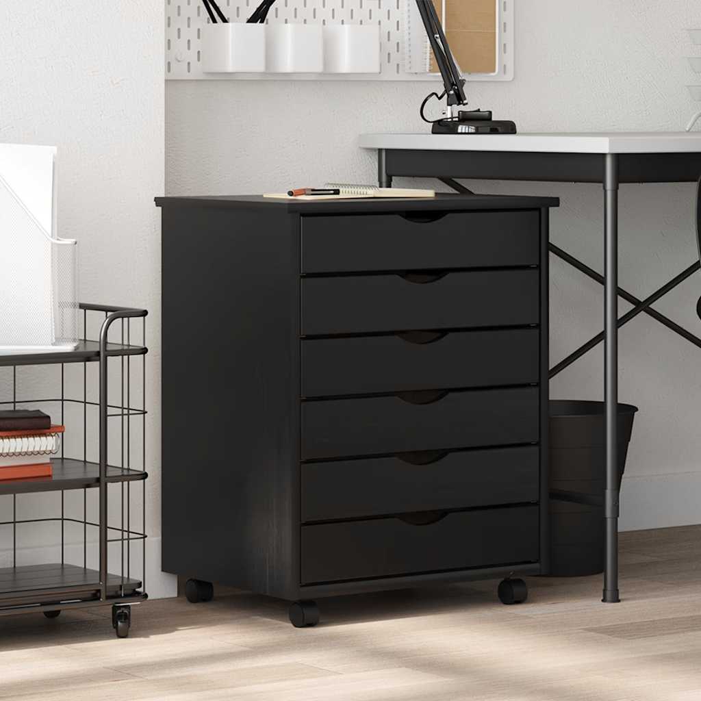Rolling Cabinet with Drawers MOSS Black Solid Wood Pine