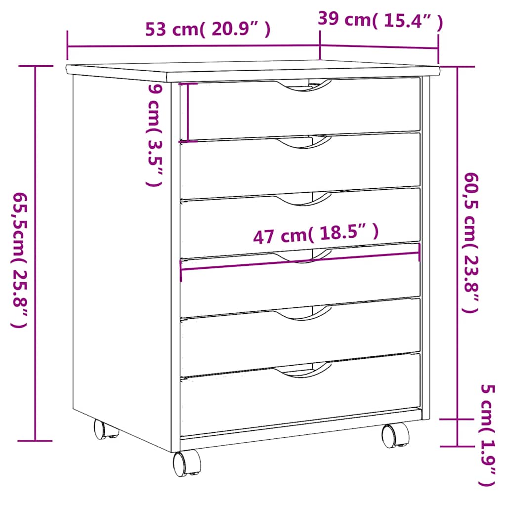 Rolling Cabinet with Drawers MOSS Honey Brown Solid Wood Pine